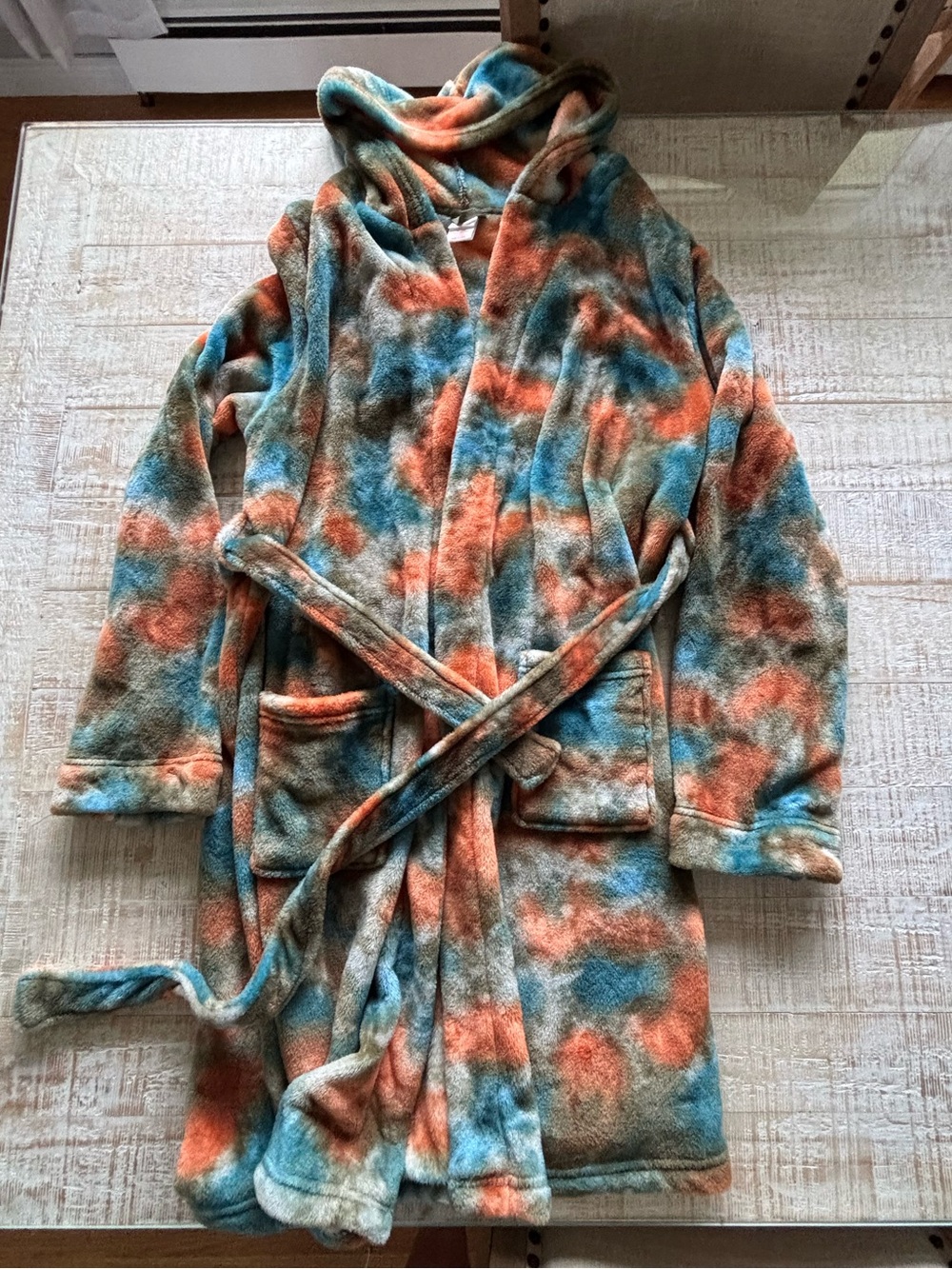Cat & Jack Plush child’s Hooded Robe - Teal, Coral & Cream Tie-Dye